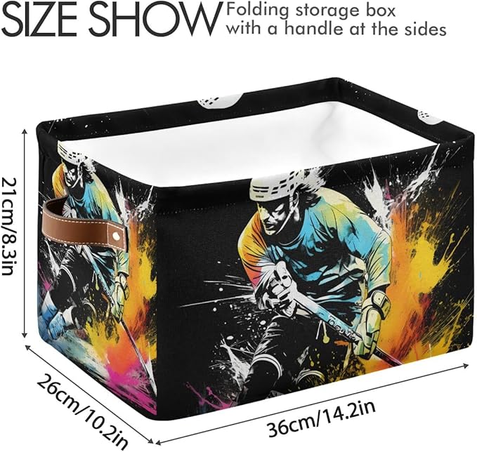 Storage Basket Abstract Running Ice Hockey Player Durable Canvas Collapsible Toy Box Organizer Bin with Handles for Shelf Closet Bedroom Home Office