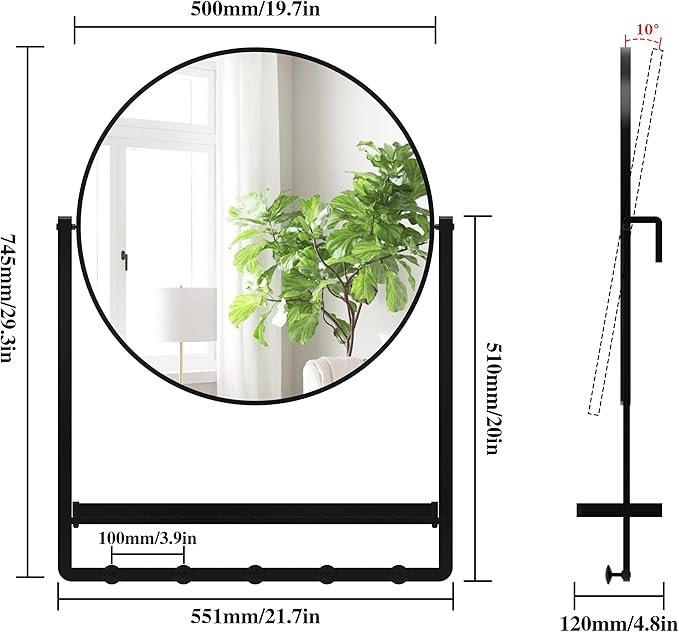 WONSTART Modern Black Round Wall Mirror with Shelf and Hooks, 29.5" x 21.7" Large Bathroom Mirror with 10° Adjustable Tilt for Entryway, Living Room, Hallway, Bedroom
