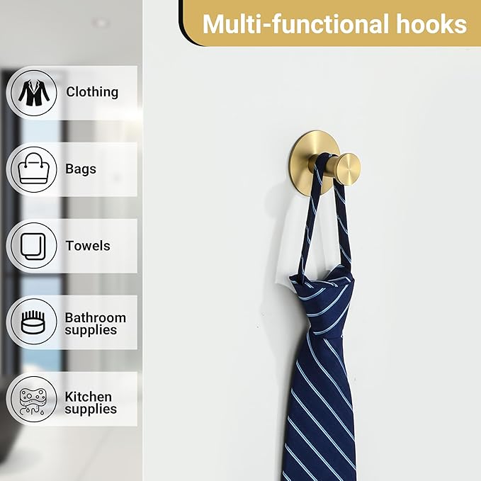 SAYAYO Self Adhesive Hooks for Hanging, Brushed Gold Towel Hook for Bathrooms Coat Hooks Wall Mount, Stick on Hook SUS304 Stainless Steel, 4pcs