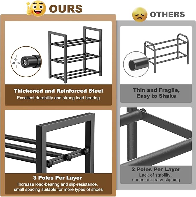 3-Tire Expandable Shoe Rack for Closet, 17"-31" Adjustable Free Standing Shoe Shelf Storage Fits 6-12 Pairs Shoes, Heavy Duty Reinforced Metal Shoes Organizer for Entryway Doorway Dorm