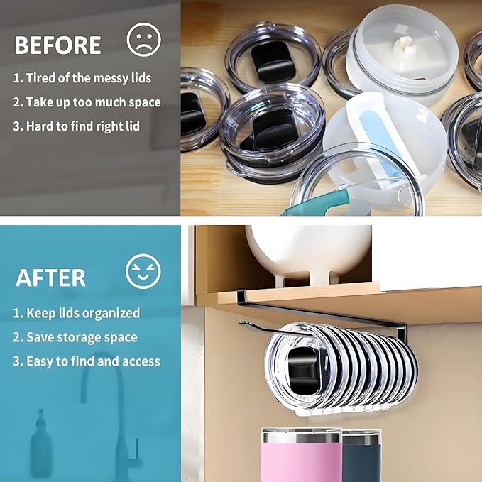ARTLEO Shallow Tumbler Lid organizers for Cabinet, Space Saving Yeti Tumbler Lid Holder, Stanley Cup Lid organizers Under Cabinet, No Drill Cup Lid Hanger Must-Have 2025, 2 Pack Storage Hook