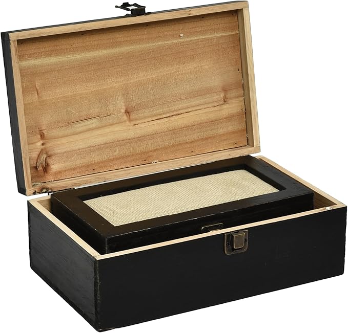 Decorative Storage Boxes with Hinged Lid, 2 Pcs Memory Box for Keepsakes, Wooden Treasure Chest Box, Large Vintage Craft Box Trunk Basket for Men, Kids, Jewelry, (Linen Lid, Black)