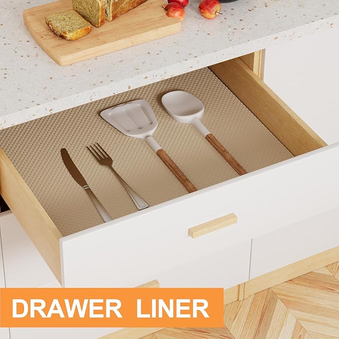 FLPMIX Shelf Liners for Kitchen Cabinets: Waterproof Non-Adhesive Drawer Liner - 12" x 120" Khaki Easy to Cut Cupboard Mat for Pantry Shelves