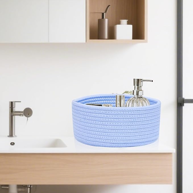 ABenkle Small Woven Basket, Empty Tiny Shallow Storage Basket, Mini Cotton Rope Baskets, Round Decorative Hamper, Basket Storage Bins for Toys, Spa, Socks, Nursery, Living Room
