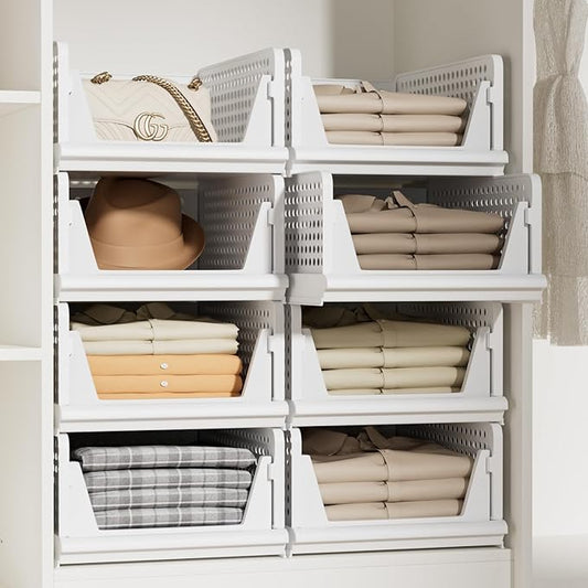 Proarea 5 Pack Stackable Storage Bins, Foldable Closet Organizer Baskets, Plastic Drawer Bins for Closet Organization, Wardrobe Shelf, Laundry Room, White