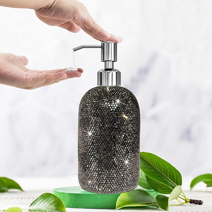 SlowVibes 18Oz Bling Black Soap Dispenser with Rust Proof Stainless Steel Pump,Refillable Liquid Hand Wash Bottle for Bathroom Kitchen,Sparkle Decorative Shower Dispenser,Rhinestone Lotion Dispenser
