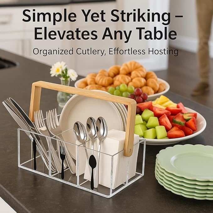 Acrylic Utensil Caddy with Bamboo Handle, Clear Silverware Organizer with Labeled Compartments & Plate Holder, Portable Cutlery Holder for Kitchen Counter, Buffet, Picnic, Party