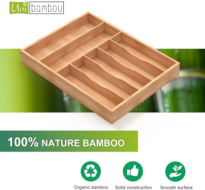 Bamboo Utensil Drawer Organizer, Silverware Tray Organizer, Kitchen Drawer Organizer for Flatware Cutlery, Silverware Tray for Drawer (Natural, Large 16.5x12.3 Inch)