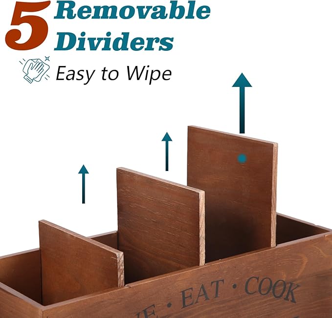 2 PC Wooden Utensil Holder,（With 4-Compartments size*1 + 3-Compartments size*1） Extra Large Kitchen Counter,Cooking Spatula Organizer,Farmhouse Decor, Rustic Cooking Utensil