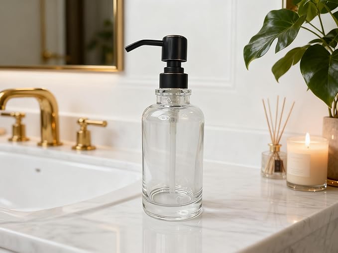 Soap Dispenser Oil Rubbed Bronze Bathroom Kitchen, 11 oz Glass Cylindrical Bottles with Stainless Steel Pump Liquid Hand Soap Dispenser Kitchen