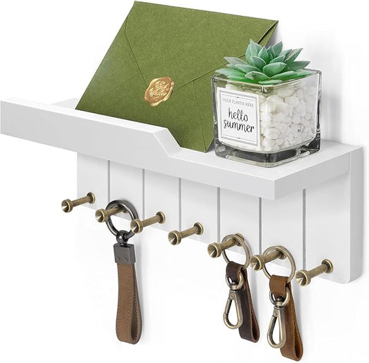 Rebee Vision Decorative Key Holder Wall Mount - Key and Mail Holder for Wall with 7 Hooks and Shelf Organizer for Room Decor - Ideal Apartment Essentials for Aesthetic Room Decor (Modern White)