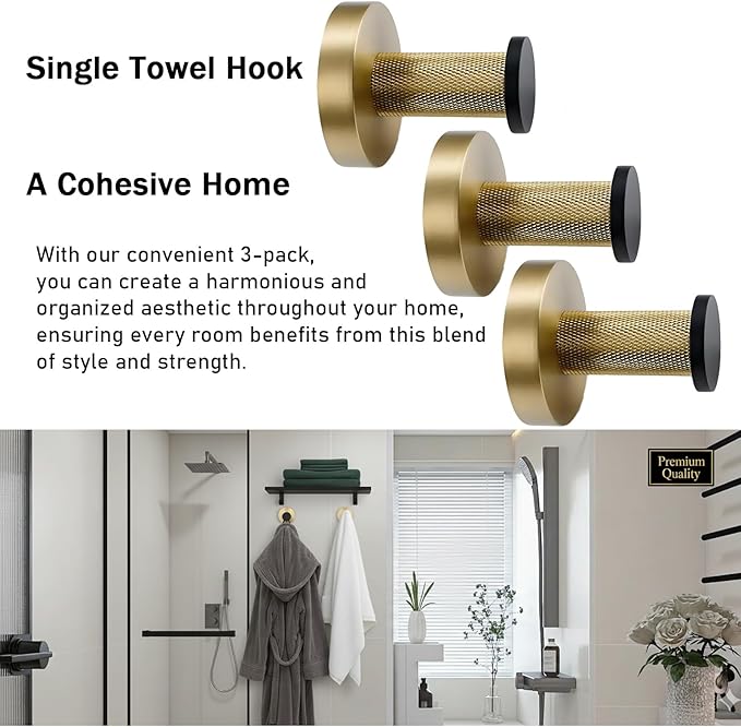 Single Towel Hook, Wall Mount Robe Hook in Stainless Steel with Solid Brass Knurled Accents, Heavy Duty Coat Hook for Bathroom, Kitchen, Entryway（3-Pack, Black and Gold）