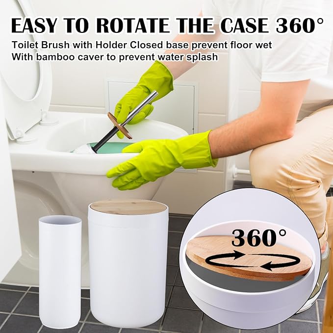 iMucci Bathroom Accessories Set with Trash Can,Toilet Brush,Toothbrush Holder, Lotion Soap Dispenser, Soap Dish,Toothbrush Cup,Qtip Holder(8Pcs White Wood Cover)