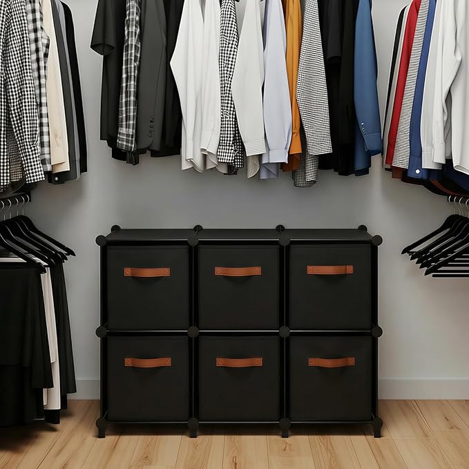 Cube Storage Organizer with Storage Bins, 6-Cube Shelves Units with 6 Organizer Bins, DIY Plastic Storage Shelves with Mallet, Closet Clothes Storage Shelves for Home, Bedroom, Living Room