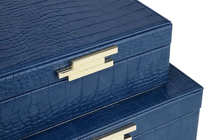 HofferRuffer Square Decorative Boxes, Set of 2 Nesting Storage Memory Keepsake Boxes with Lids, Stylish PU Leather Trinket Jewelry Organizer Box for Home Decor and Storage (Blue Croco)