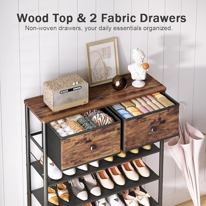 Shoe Rack Organizer 5 Tier Metal Organizer Shelf with Industrial MDF Board and Layer Fabric for Entryway Closet Bedroom Living Room Garage (Black+Rustic Brown, 5 Tier with 2 Drawers)
