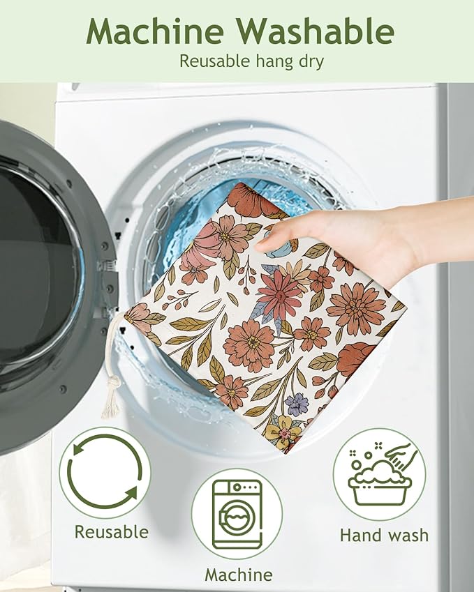 Plastic Bag Holder Organizer - 1 Pack Reusable Canvas Grocery Bags Holder Hanging Wall Cute Aesthetic Shopping Bag Storage Dispenser with Drawstring Closure for Kitchen Home, Retro Flower