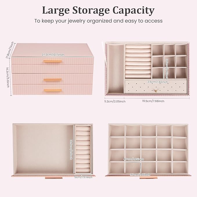 Dajasan Jewelry Box for Girls, Jewelry Organizers and Storage, Large Jewelry Organizer Box with 2 Drawers, Gift Idea for Christmas, Valentine's Day, Birthday, Mother's Day (Pink)