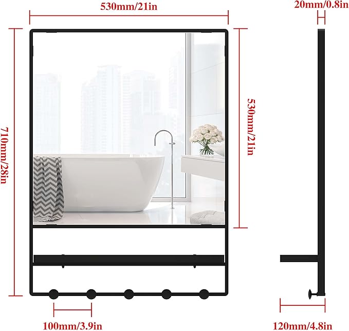 WONSTART Wall Mirror with Shelf and Hooks,Vanity Mirror with Hooks, 21 X 28 inch Metal Framed Bathroom Mirror with Shelf for Bathroom, Entryway, Bedroom, Living Room (Black, 21" x 28")