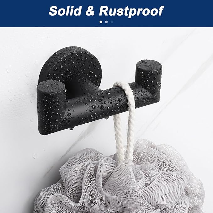 NearMoon Bathroom Double Towel Hook- SUS304 Stainless Steel Robe Towel Holder, Heavy Duty Double Coat Hook for Bathroom Livingroom Kitchen Wall Mounted (Matte Black-U, 4 Pack)