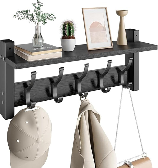 Coat Rack Wall Mount with Shelf, 17.1 Inch Coat Hanger Walls Mounted, Hat Rack for Walls, Shelf with 5 Coat Hooks, Wall Hanger for Entryway (Black)
