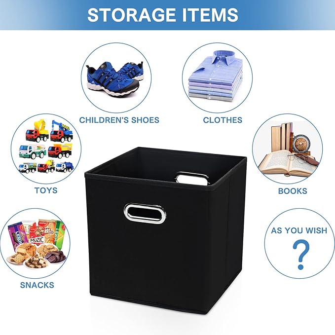 STOREONE 13 Inch Cube Organizer Bins ,Black Fabric Storage Bins，Foldable Storage Bins Basket with Dual Handles Fabric Organizer Bins and Storage Box，Set of 6,Black