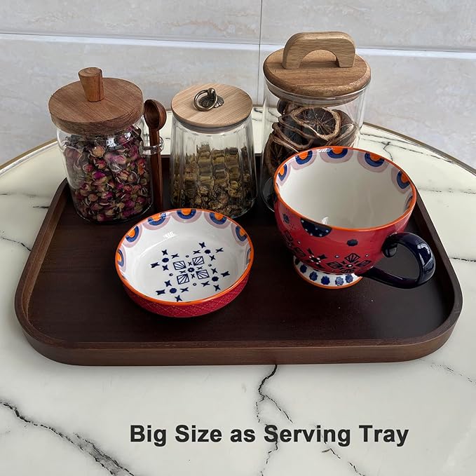 Wood Vanity Tray, Bathroom Counter Solid Walnut Color Organizer, Toilet Tank Top Wooden Serving Plate for Dinner Tea Coffee Brown Color, 15 x 11 inch 2 Pack