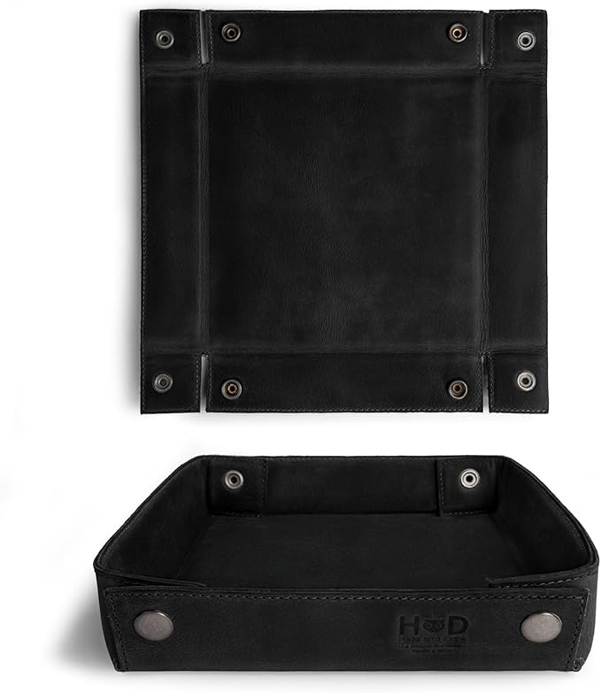 Hide & Drink, Leather Catchall Change Keys Coins Jewels Box Tray Big Storage, Handmade - Charcoal Black