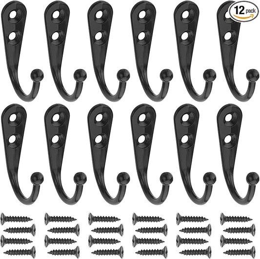 12 Pack Black Coat Hooks Wall Mounted, Rustproof Zinc Alloy Metal Hooks for Hanging Coats, Heavy Duty Utility Key Holder Hooks with Screws for Bathroom, Entryway, Kitchen, Hat, Towel, Cup, Robe