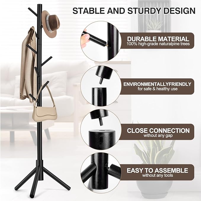 Coat Rack, Freestanding Coat Rack with 8 Hooks and 3 Adjustable Size Tree Coat Racks for Bedroom, Hallway, Entrance, Office, for Hats, Coats, Scarves, Handbags