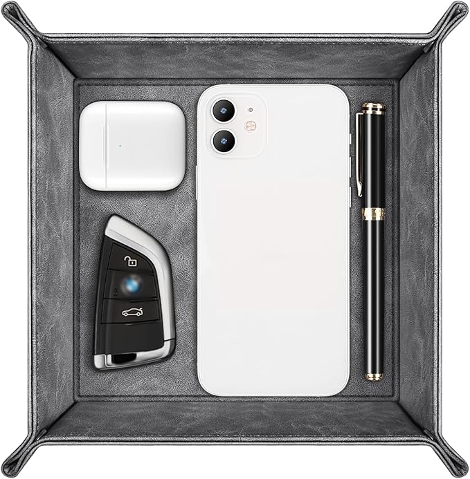 SITHON Valet Tray Desktop Storage Organizer â Premium PU Leather Catchall Bedside Vanity Tray Nightstand Caddy Holder for Remote Controller, Keys, Phone, Wallet, Coin, Jewelry (Gray)