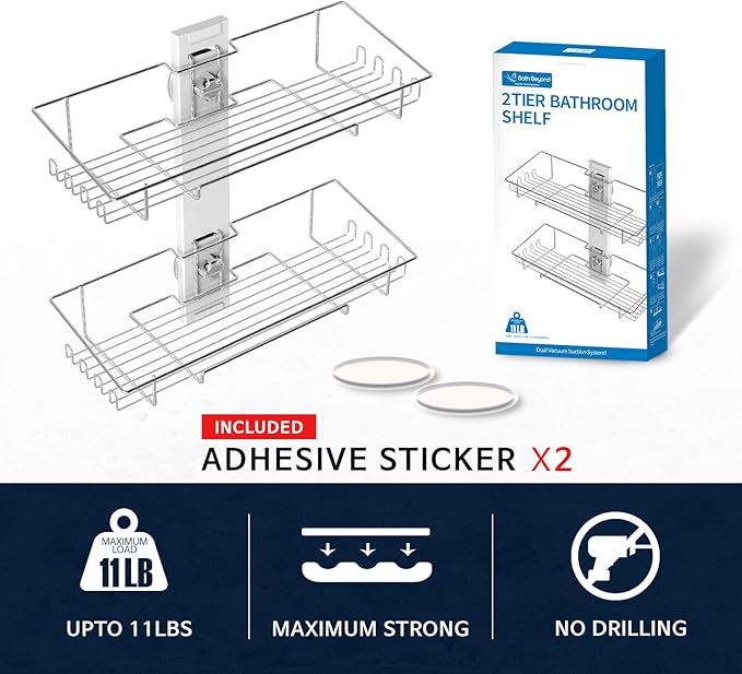 Bath Beyond BATHBEYOND Shower Caddy Suction Cup Tier Shower Shelf - Adjustable Shower Caddy 400 Stainless Steel No-Drilling and Extra Adhesive Sticker for More Stronger Suction (2Tier)