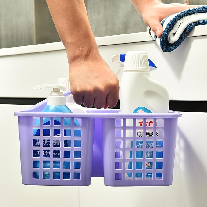 ALINK Plastic Shower Caddy Basket with Compartments, Portable Divided Cleaning Supply Storage Organizer with Handle for College Dorm Bathroom - Purple