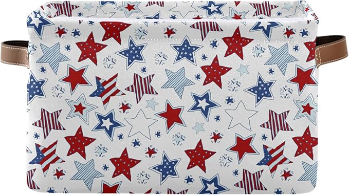 Bolaz Large Storage Basket White American Flag Usa Stars Foldable Storage Box Organizer Bins with Handles for Bedroom Home Office