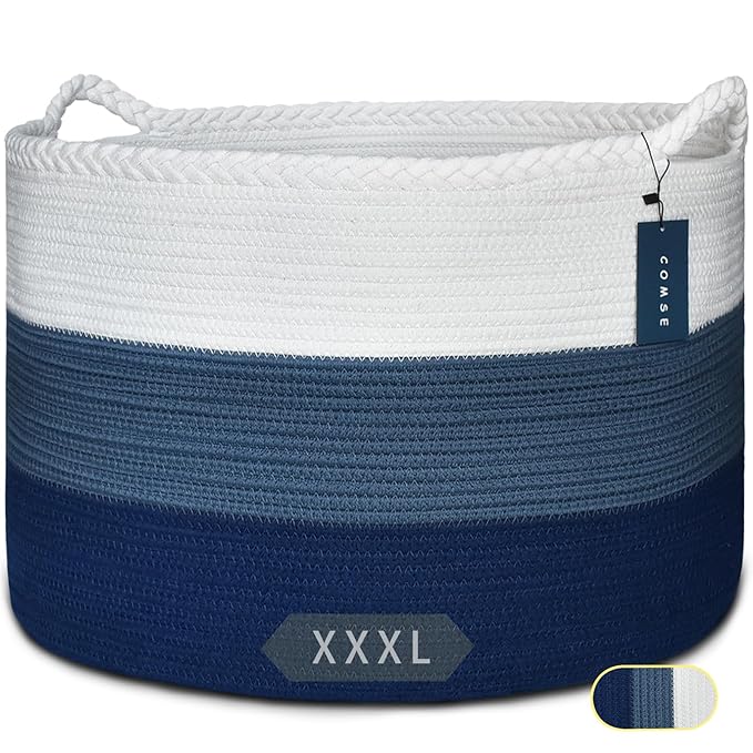 COMSE Extra Large Blanket Basket, Woven Laundry Basket, 21.7âx 13.8â, Nursery Hamper, Cotton Rope Laundry Hamper Living Room for Storage Toys Clothes Towels (White & Cadet Blue & Navy Blue)