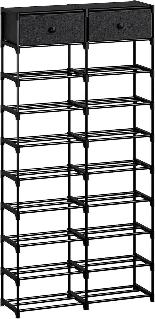 Tall Shoe Rack, 10 Tier Shoe Rack Organizer with 2 Large Drawers, Shoe Storage for 36-40 Pairs, Sturdy Metal Shoe Shelf Shoe Stand for Closet Entryway, Black Grey