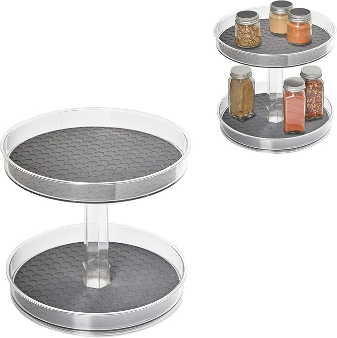 Spectrum 2 Tier Lazy Susan Hexa Kitchen Organizer Charcoal Gray Two Shelf Spinning Rotating Turntable for Deep Cabinet Countertop Refrigerator Pantry Table Under Sink Spice Rack Storage 9.25 Inch