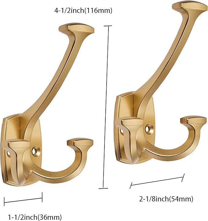 2 Pack Gold Hooks Large Wall Mounted Solid Heavy-Duty Decorative Double-Sided Matte Gold Coat Hooks for Coats,Hats,Backpacks,Bags Closet,Entryway,Laundry Room,Office