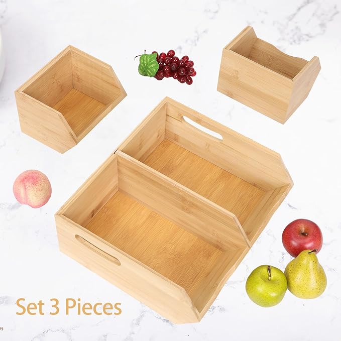 Bamboo Stackable Storage Baskets - Organize Potatoes, Onions & Fresh Produce in Pantry, Space-Saving Fruit Bowl for Kitchen Counter, Reusable Vegetable Container