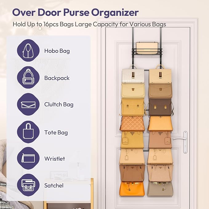 Over The Door Purse Organizer with 16 Hooks and Metal Basket - Space-SavingPurse Rack and Bag Organizer for Closet，Door - Handbag and Purse Storage