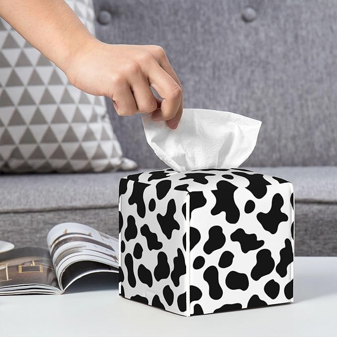 Cow Print Tissue Box Cover Leather Tissue Box Holder Square Facial Paper Organizer Dispenser for Bathroom Kitchen Bedroom Vanity Countertop Night Stands
