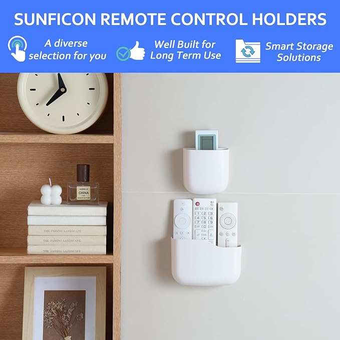 Remote Holder Wall Mount TV FAN Remote Control Holder Bedside Caddy Wall Organizer Phone Holder for Office Adhesive Media Player Controller Holder Box Tray Home Desk Nightstand White 2Big 2Small