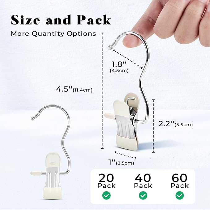 HOUSE DAY Legging and Yoga Pants Hangers with Clips 40 Pack, Closet Organizer Clips, Space Saving Hanging Clips for Hat, Bag, and Home Storage - Ivory