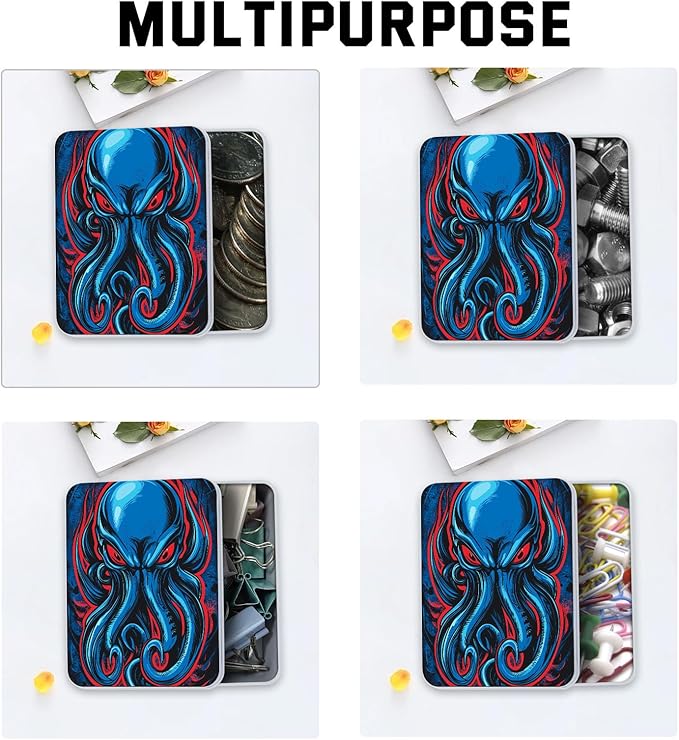 Metal Tin Box with Lid,Multi-functional Storage Large Box Can Store Tea Biscuits Game Cards, Playing & Tarot Cards-Comes with 4 Magnetic Cord Clips,Blue Cthulhu Skull