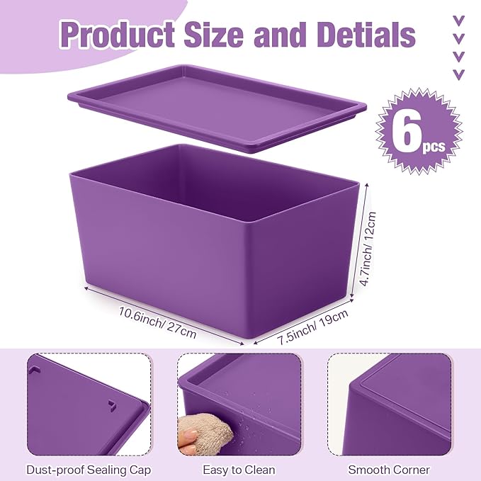 Menkxi 6 Pcs Storage Bins with Lids Small Plastic Storage Containers Stackable Storing Baskets Box Cute Organizer Bins for Organizing Shelves (Purple Series)