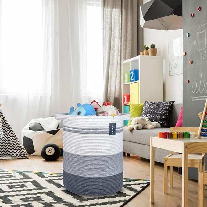 COMSE Extra Large Blanket Basket, Tall Laundry Basket, Nursery Hamper, 15.7âx 21.7â, Cotton Rope Woven Laundry Hamper for Storage Toys Clothes Towels, Gradient Gray
