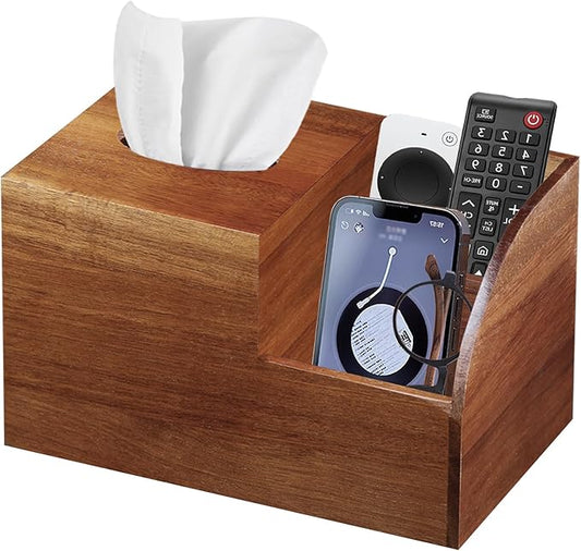BIBELUN Square Tissue Box Cover,Multi-Functional Wood Tissue Box Holder with Storage Grid,Tissue and Remote Control Holder,Decorative Facial Tissue Cube Box Organizer for Desk,Nightstand,Bathroom