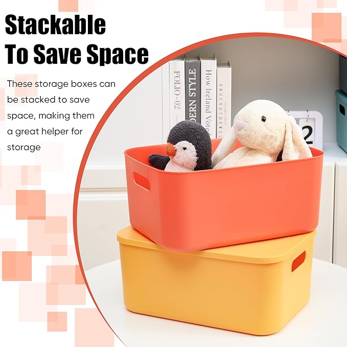 Plastic Storage Bins with Lid, Stackable Storage Containers for Organizing, Decorative Storage Baskets for Shelves Living Room Playroom Classroom Office (Medium 2PCS (Yellow+Orange))