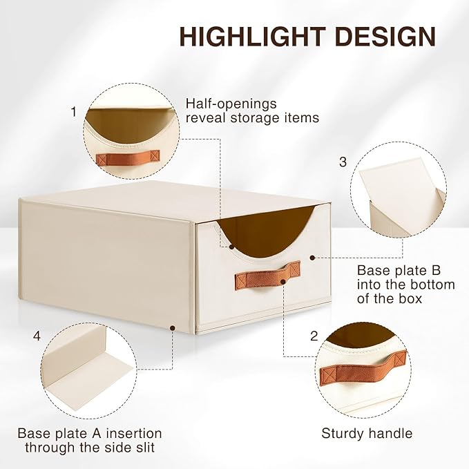 Stackable Storage Drawers - Large Collapsible Storage Bins with Drawers, 4 Pack Closet Shelf Organizer Basket, Fabric Pull Out Organizer for Bedroom, Living Room, Dorm, Light Beige