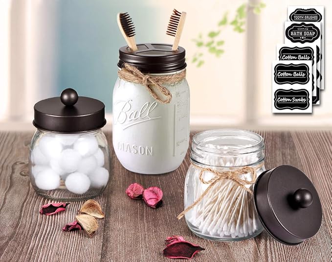 Mason Jar Bathroom Accessories Lids Set(4pcs) - Jar Not Included - Soap Dispenser,Toothbrush Holder, Apothecary Jars Lids for Regular Mouth Mason Jars - Rustproof Stainless Steel，Bronze